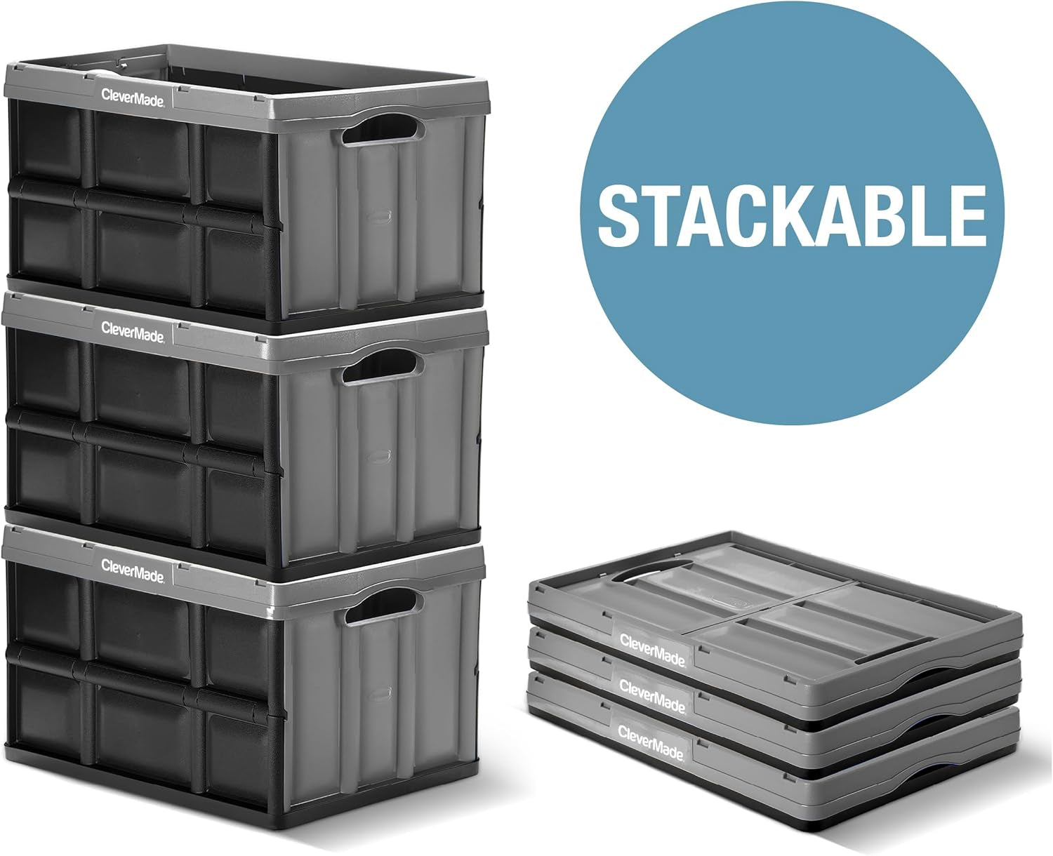 Collapsible Storage Bins - Black 3 Pack 62L / 16 Gal Holds 100 Lbs - Stackable Containers Heavy Duty Capacity Crates Space-Saving