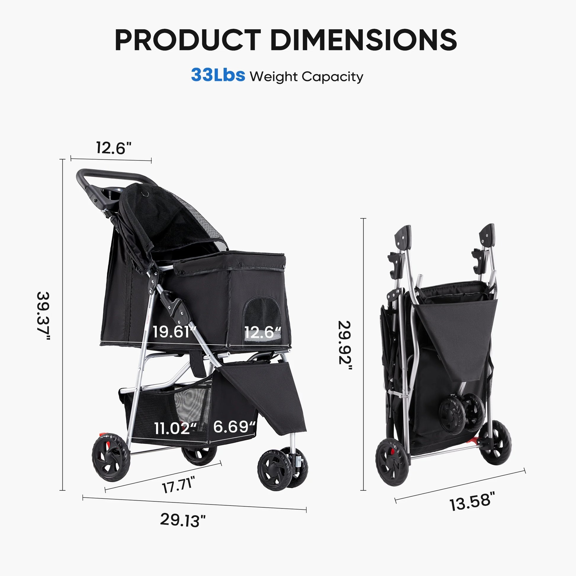 Dog Stroller, Pet Travel Folding Carrier with Storage Basket for Cat/Dog, 3 Wheels, Black
