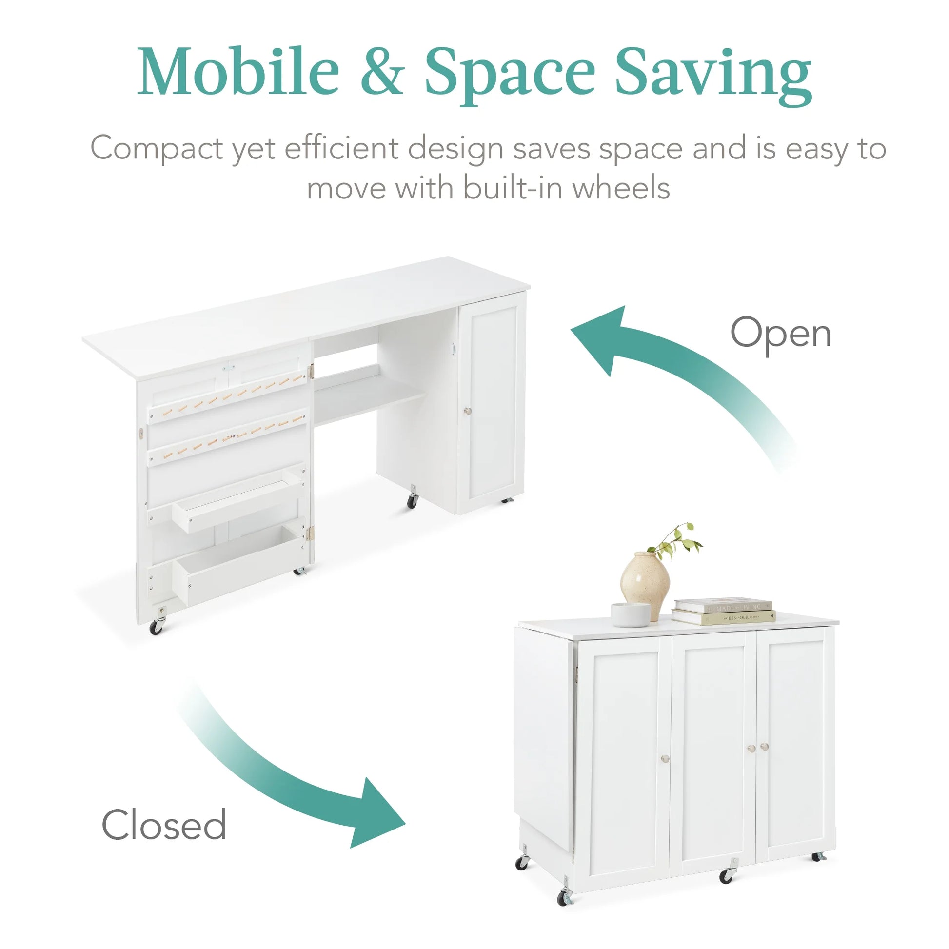 Large Portable Multipurpose Folding Sewing Table W/ Magnetic Doors, Craft Storage - White