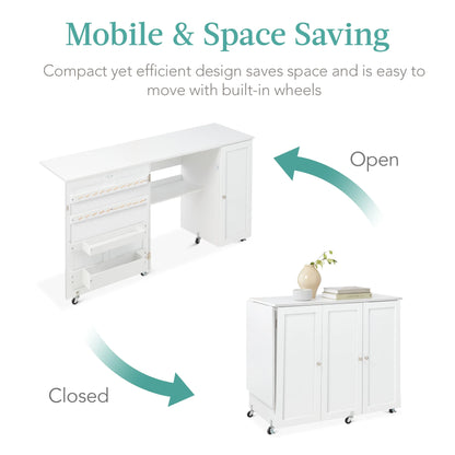 Large Portable Multipurpose Folding Sewing Table W/ Magnetic Doors, Craft Storage - White