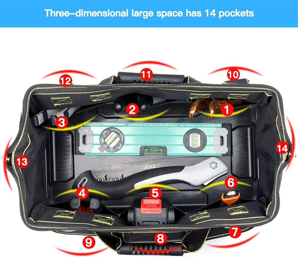Tool Bag,16 Inch Waterproof Tool Bag Organizer with ABS Molded Hard Base,Soft Padded Handle and Shoulder Strap,Oxford Cloth,Tool Bags for Men & Women