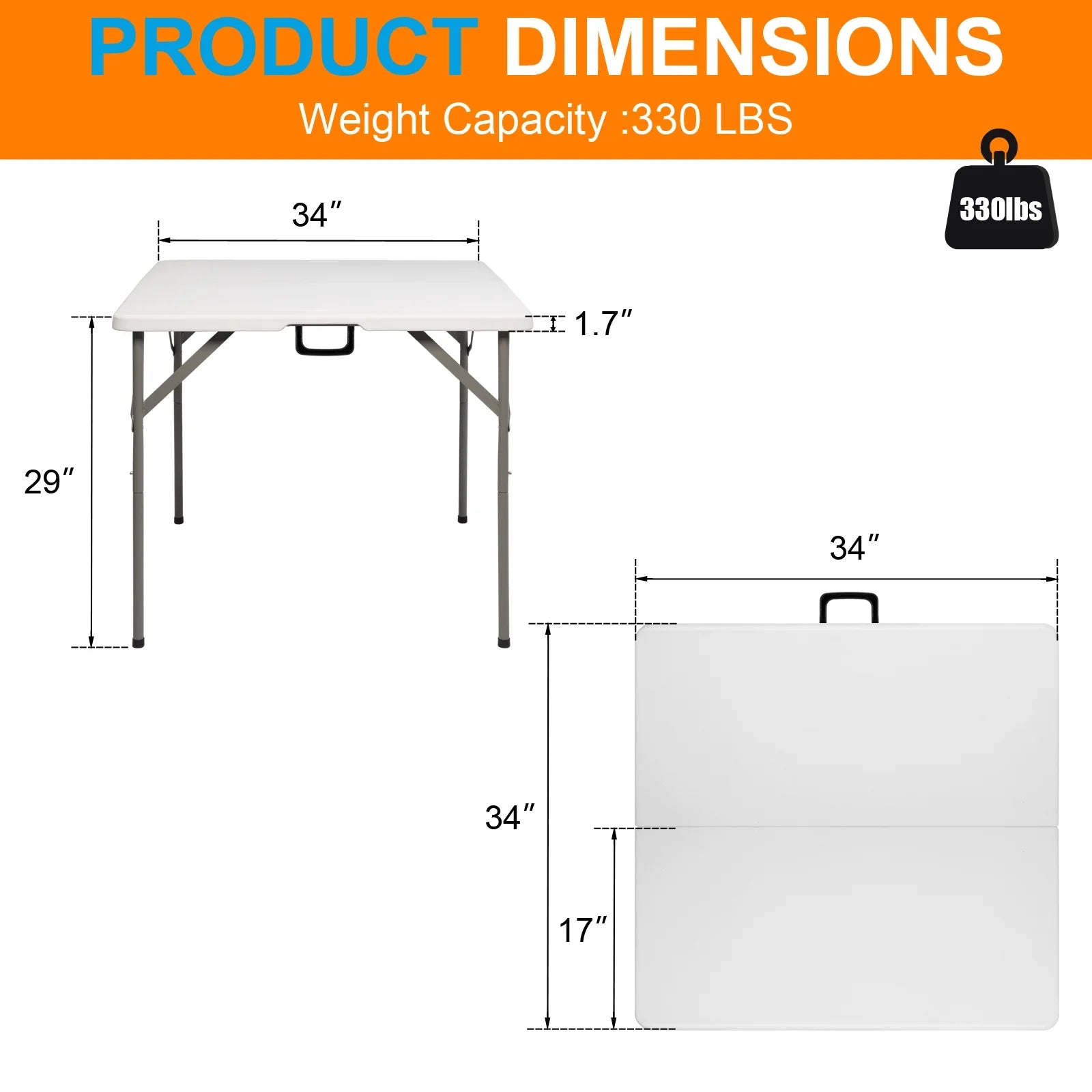 34 Inch Square Granite White Plastic Folding Table, 34 in Square Picnic Table for Outdoor and Indoor, Yard, Garden, Lawn, White