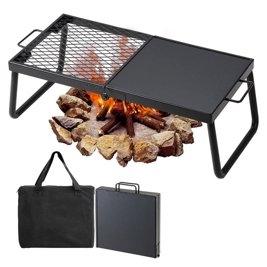 Folding Campfire Grill, Collapsible Outdoor Grill, Heavy Duty Steel Camp Fire Grill, 22.4" Compact Travel-Friendly Grates for Fire Pit, Camping Cookware with Stand and Transport Sack, BBQ Rack