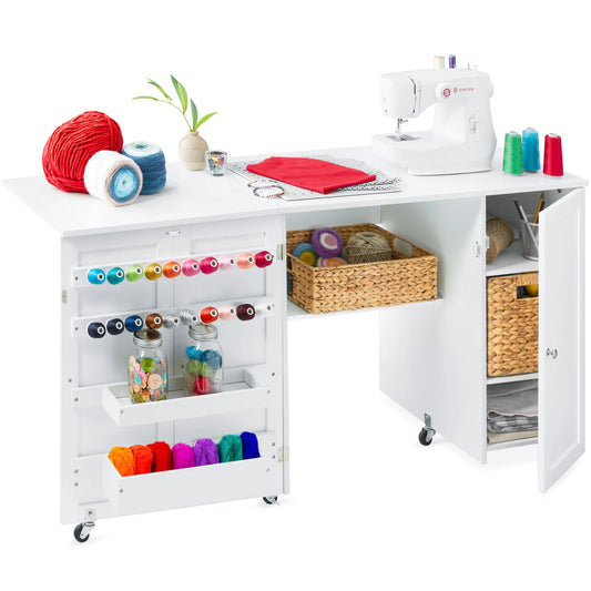 Large Portable Multipurpose Folding Sewing Table W/ Magnetic Doors, Craft Storage - White
