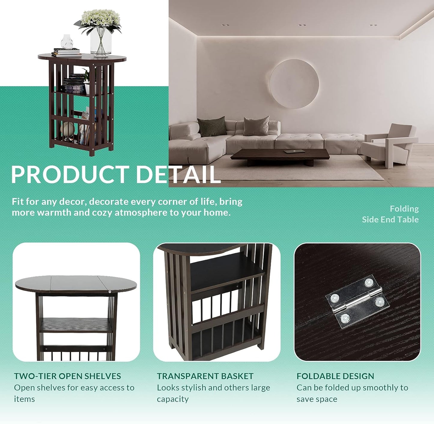 Folding Side End Table – 3-Tier Adjustable Magazine Rack Table - Multifunction Nightstand with Storage Shelves - Small Coffee Snack End Table with Rotating Tabletop for Living Room (Coffee)