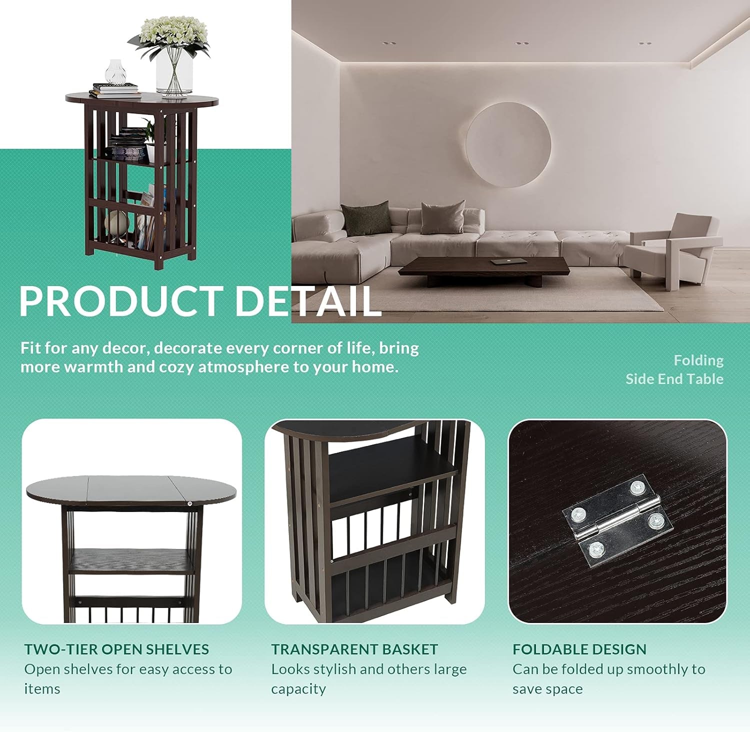 Folding Side End Table – 3-Tier Adjustable Magazine Rack Table - Multifunction Nightstand with Storage Shelves - Small Coffee Snack End Table with Rotating Tabletop for Living Room (Coffee)