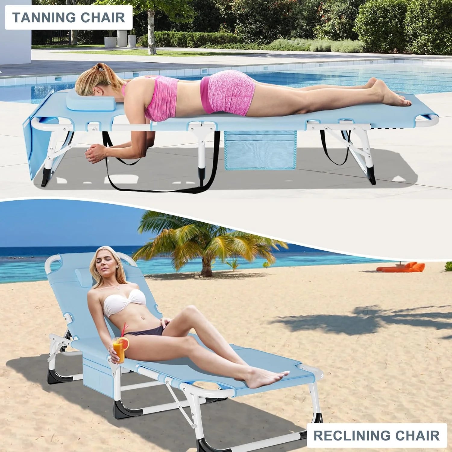 3-In-1 Face down Tanning Chair, Folding Lounge Chair with Face & Arm Hole, 5-Position Adjustable Camping Cot, 2-Sided Cushion, Pillow & Carry Straps for Beach & Outdoor