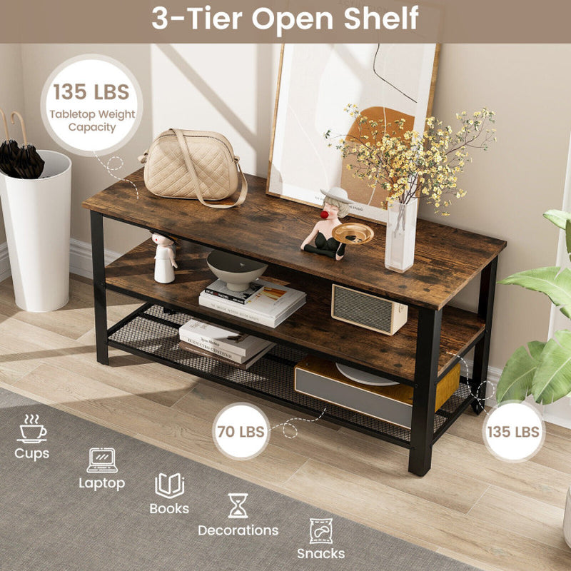 3-Tier Industrial Entertainment TV Stand with Metal Mesh Shelf