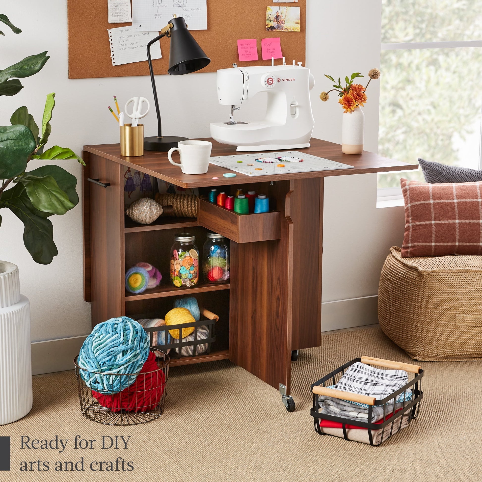 Multipurpose Folding Table W/ Wheels, 3 Storage Shelves, Cubby, Handle - Brown
