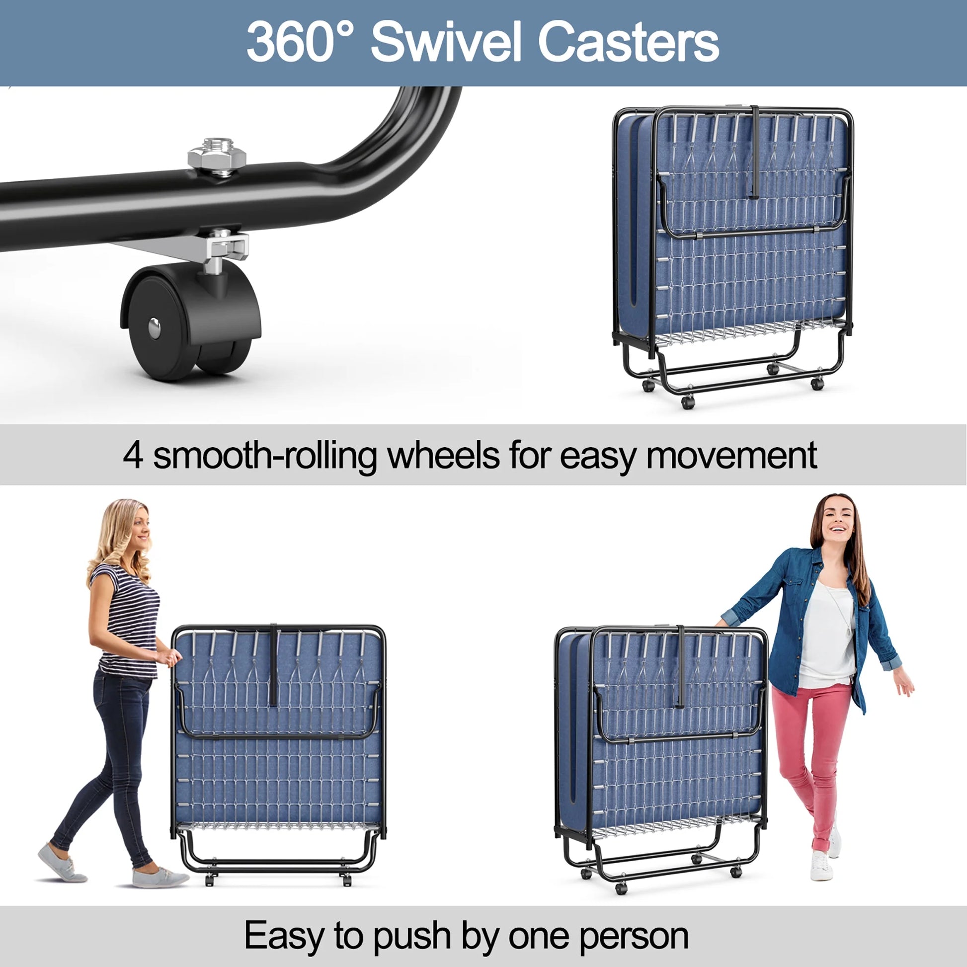 Folding Bed with Mattress Portable Rollaway Guest Cot Memory Foam Made in Italy Navy