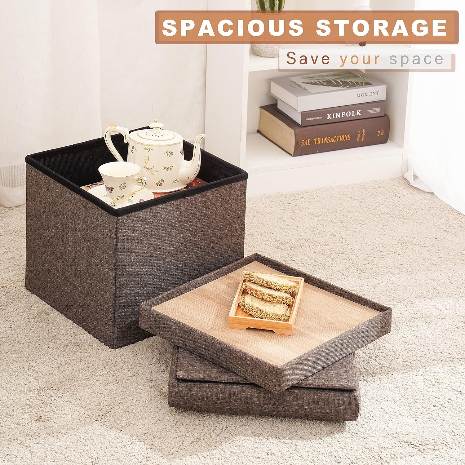 Storage Ottoman with Tray, Square Folding Ottoman Coffee Table, Portable Footrest Stool, Brown