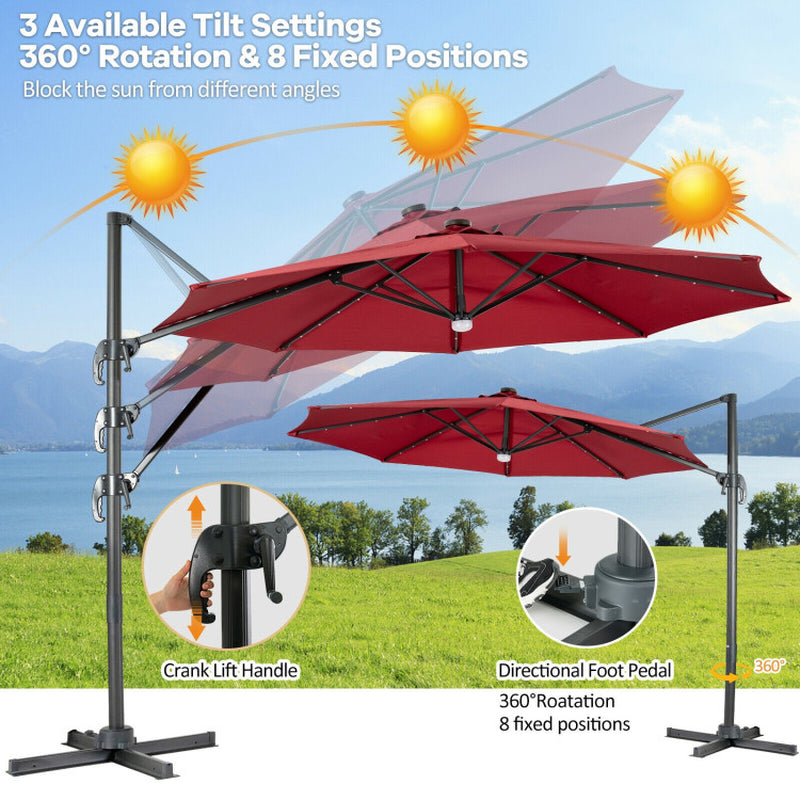 10 Feet 28LED Lighted Cantilever Solar Umbrella with Crossed Base