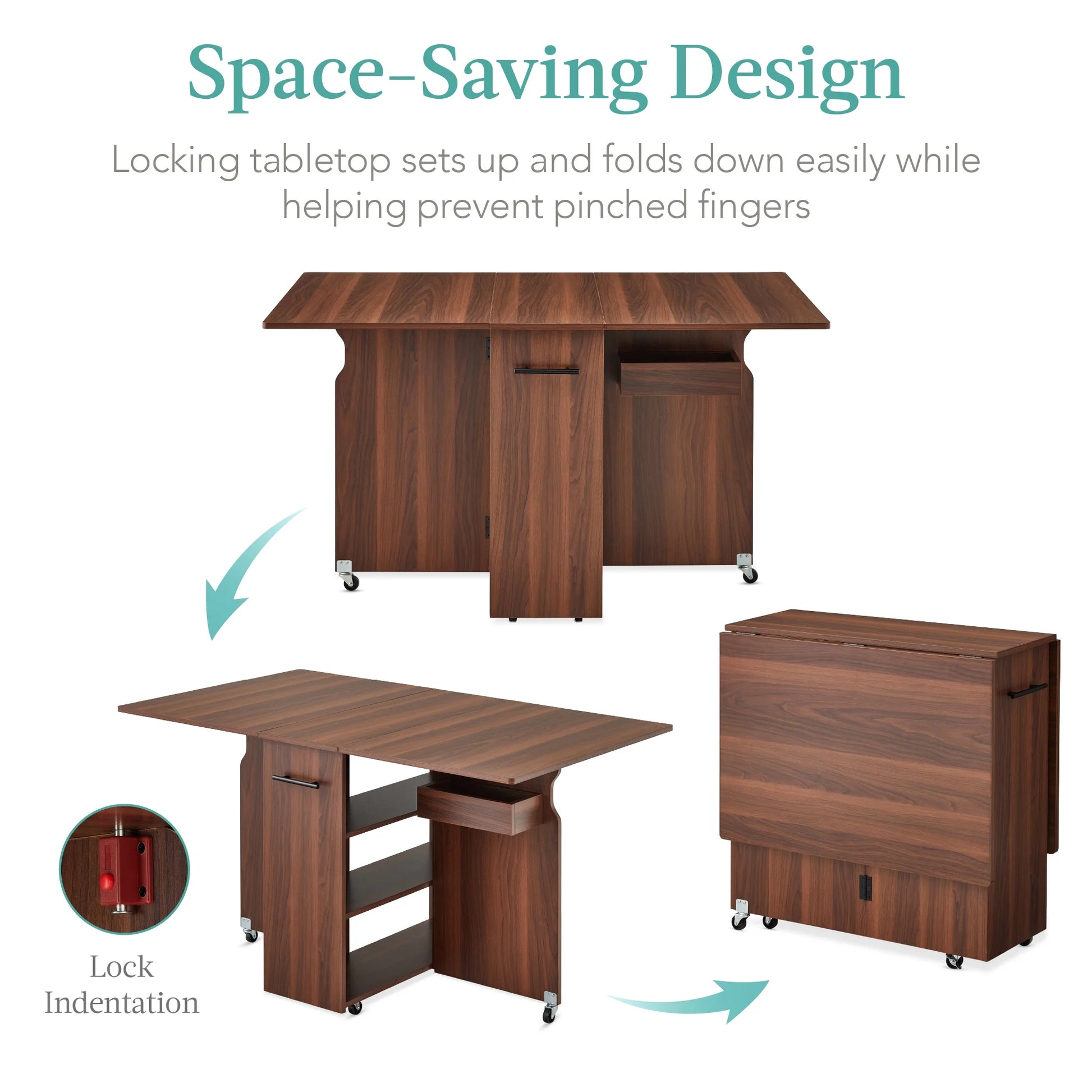 Multipurpose Folding Table W/ Wheels, 3 Storage Shelves, Cubby, Handle - Brown