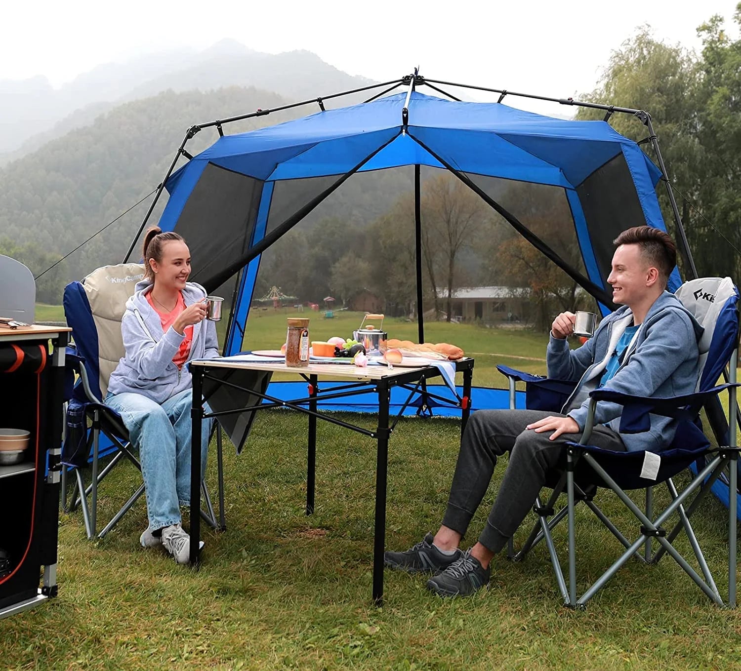 Oversized Camping Chairs Folding Heavy Duty Padded Lawn Chair with Lumbar Support for Adults Outdoors Fishing Picnic Travel Blue