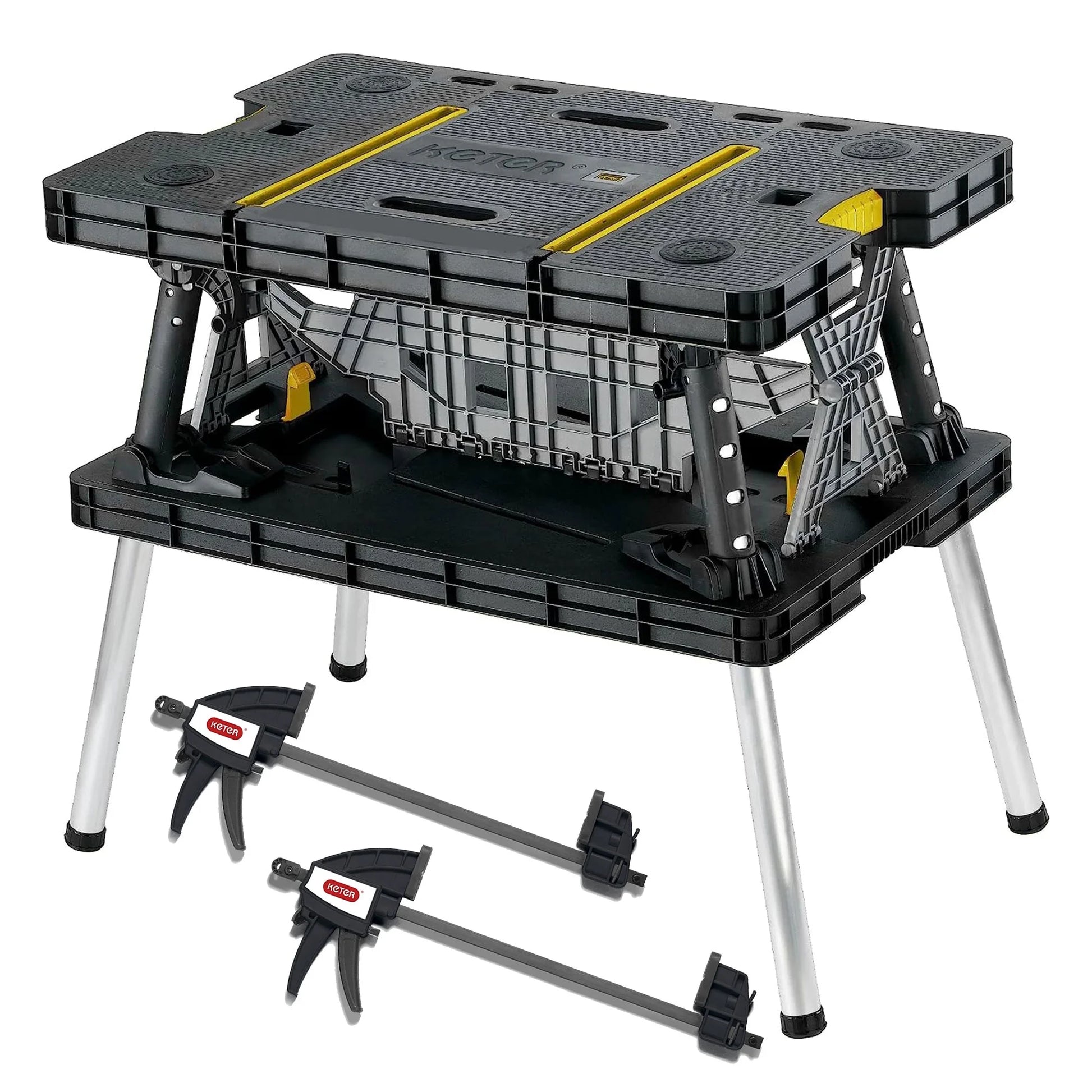 Portable Folding Table Tool Storage Stand Workbench Sawhorse W/ 12" Clamps