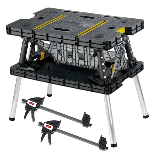 Portable Folding Table Tool Storage Stand Workbench Sawhorse W/ 12" Clamps