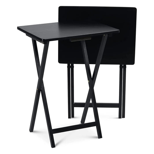 Folding TV Tray Tables with Storage Rack, Black, 2 Piece Set