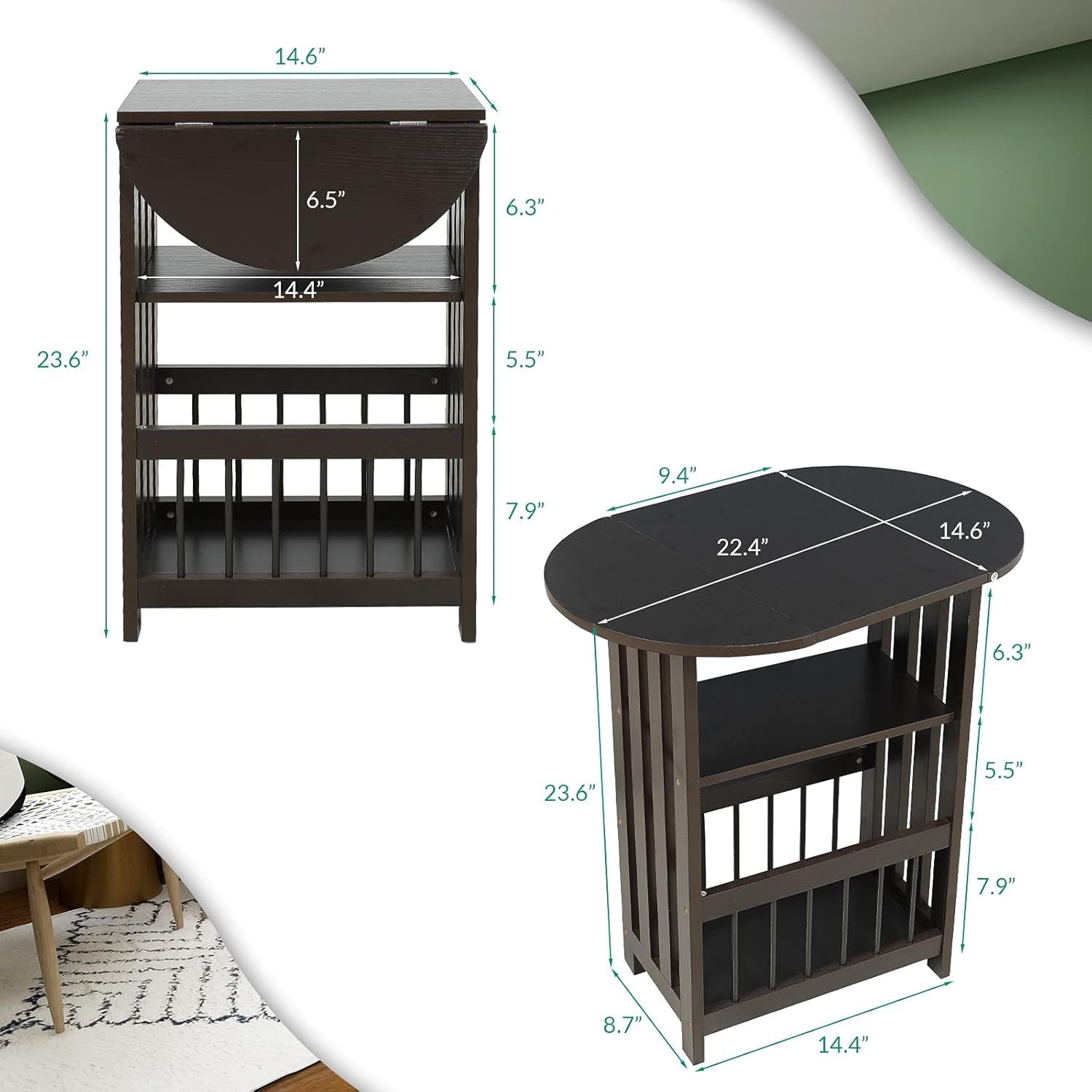 Folding Side End Table – 3-Tier Adjustable Magazine Rack Table - Multifunction Nightstand with Storage Shelves - Small Coffee Snack End Table with Rotating Tabletop for Living Room (Coffee)