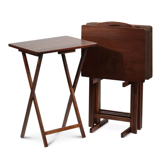 Folding TV Tray Tables with Storage Rack, Honey Oak, 5 Piece Set