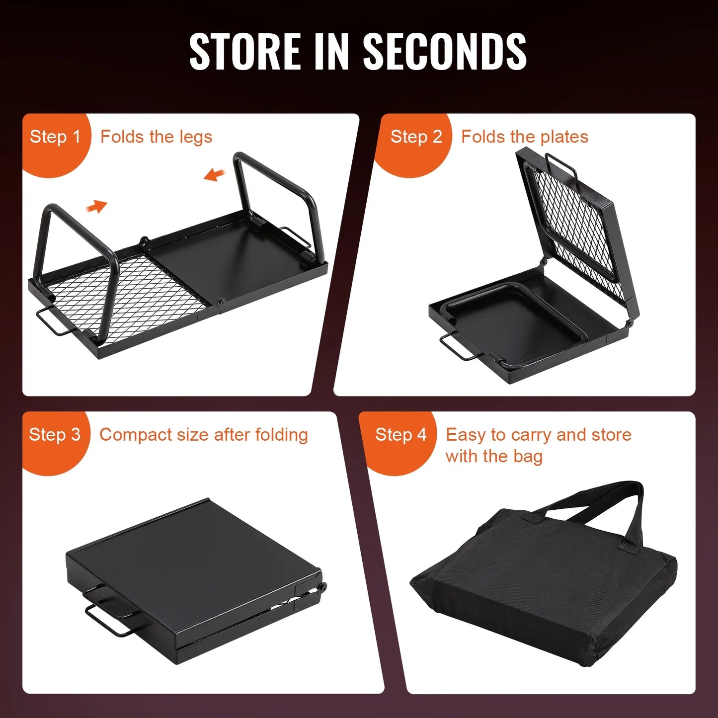 Folding Campfire Grill, Collapsible Outdoor Grill, Heavy Duty Steel Camp Fire Grill, 22.4" Compact Travel-Friendly Grates for Fire Pit, Camping Cookware with Stand and Transport Sack, BBQ Rack