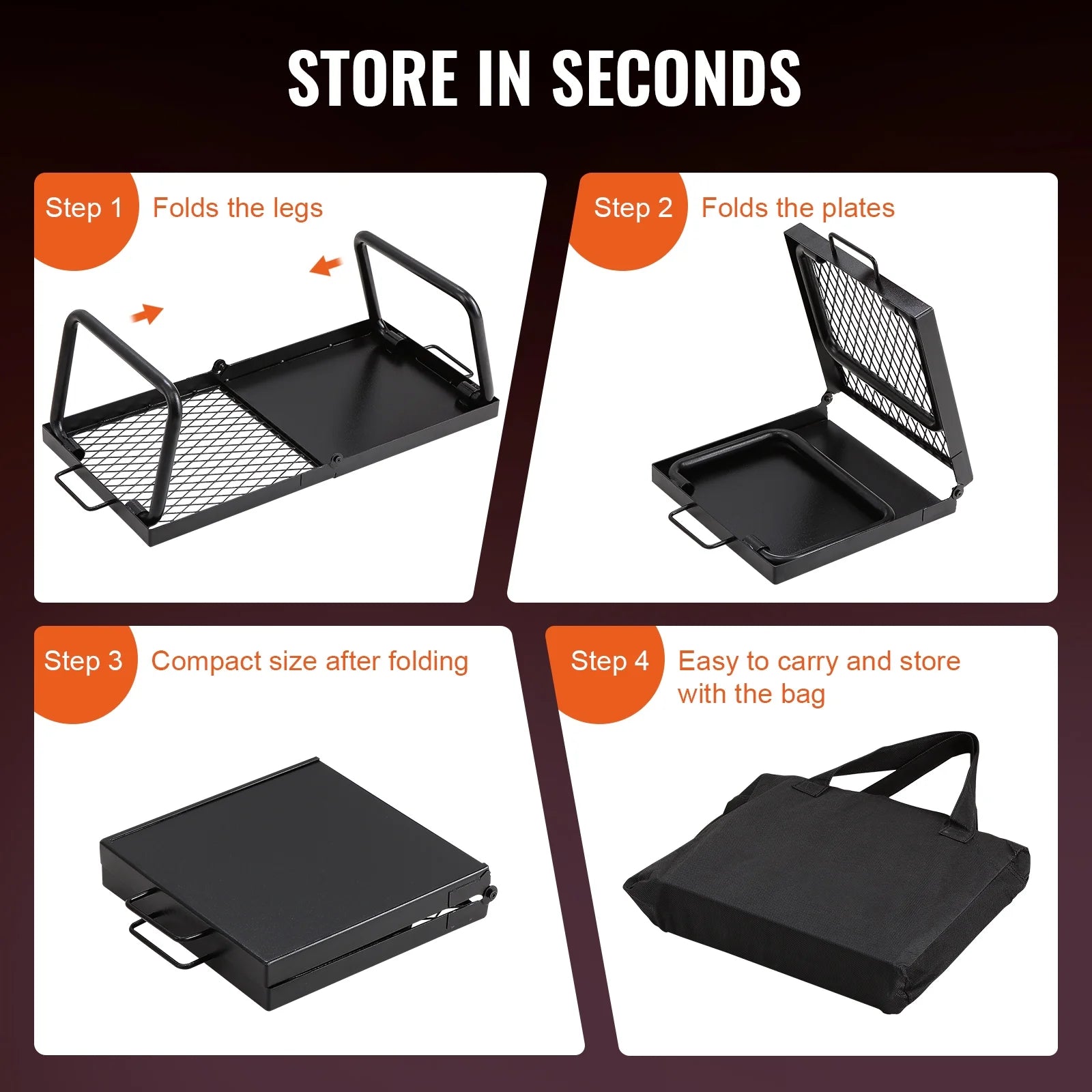 Folding Campfire Grill, Collapsible Outdoor Grill, Heavy Duty Steel Camp Fire Grill, 22.4" Compact Travel-Friendly Grates for Fire Pit, Camping Cookware with Stand and Transport Sack, BBQ Rack