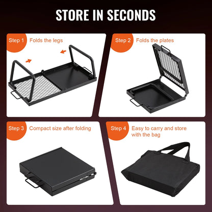 Folding Campfire Grill, Collapsible Outdoor Grill, Heavy Duty Steel Camp Fire Grill, 22.4" Compact Travel-Friendly Grates for Fire Pit, Camping Cookware with Stand and Transport Sack, BBQ Rack