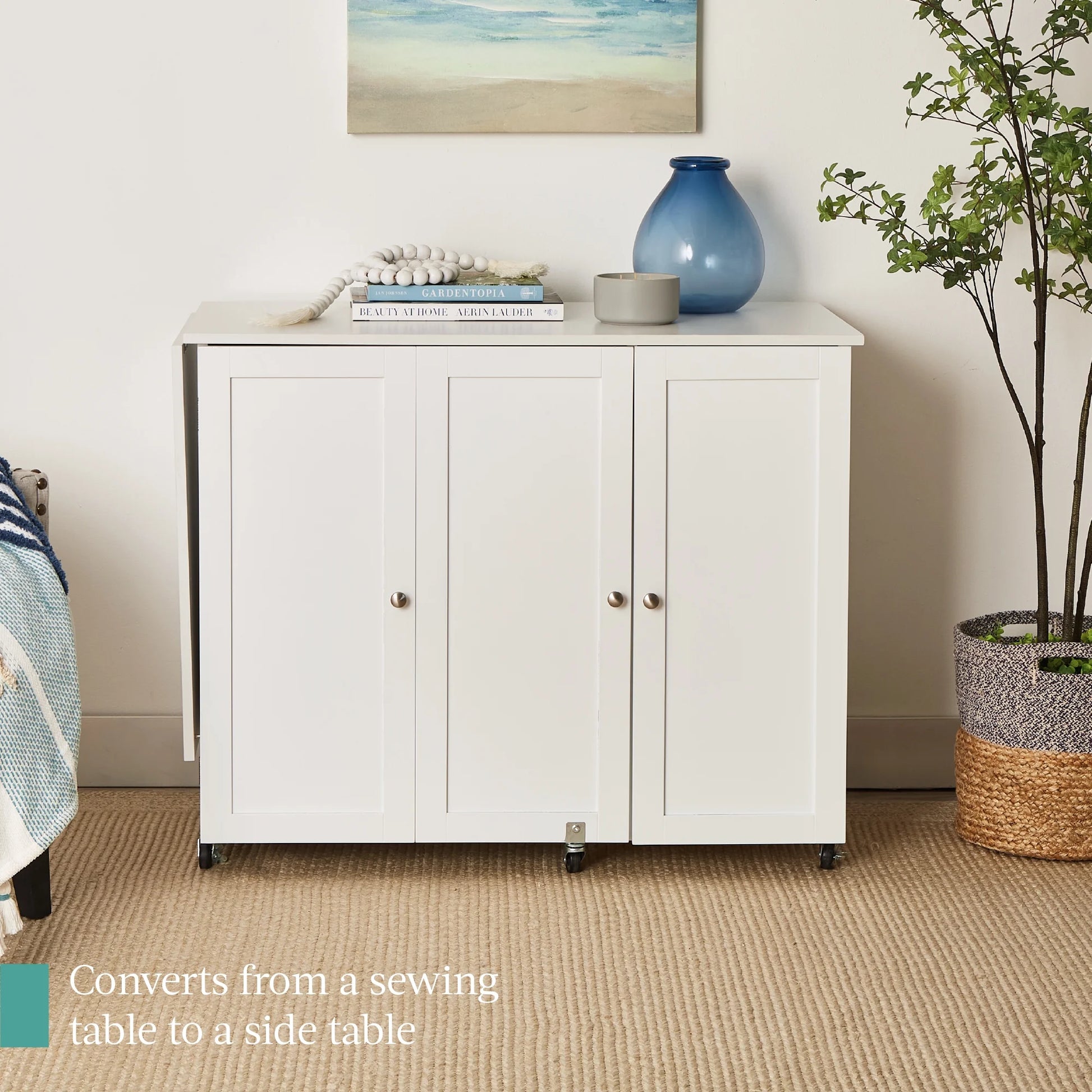 Large Portable Multipurpose Folding Sewing Table W/ Magnetic Doors, Craft Storage - White