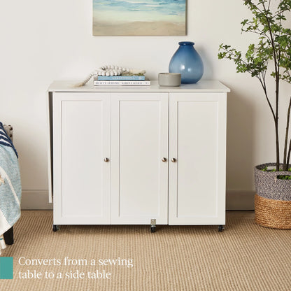 Large Portable Multipurpose Folding Sewing Table W/ Magnetic Doors, Craft Storage - White