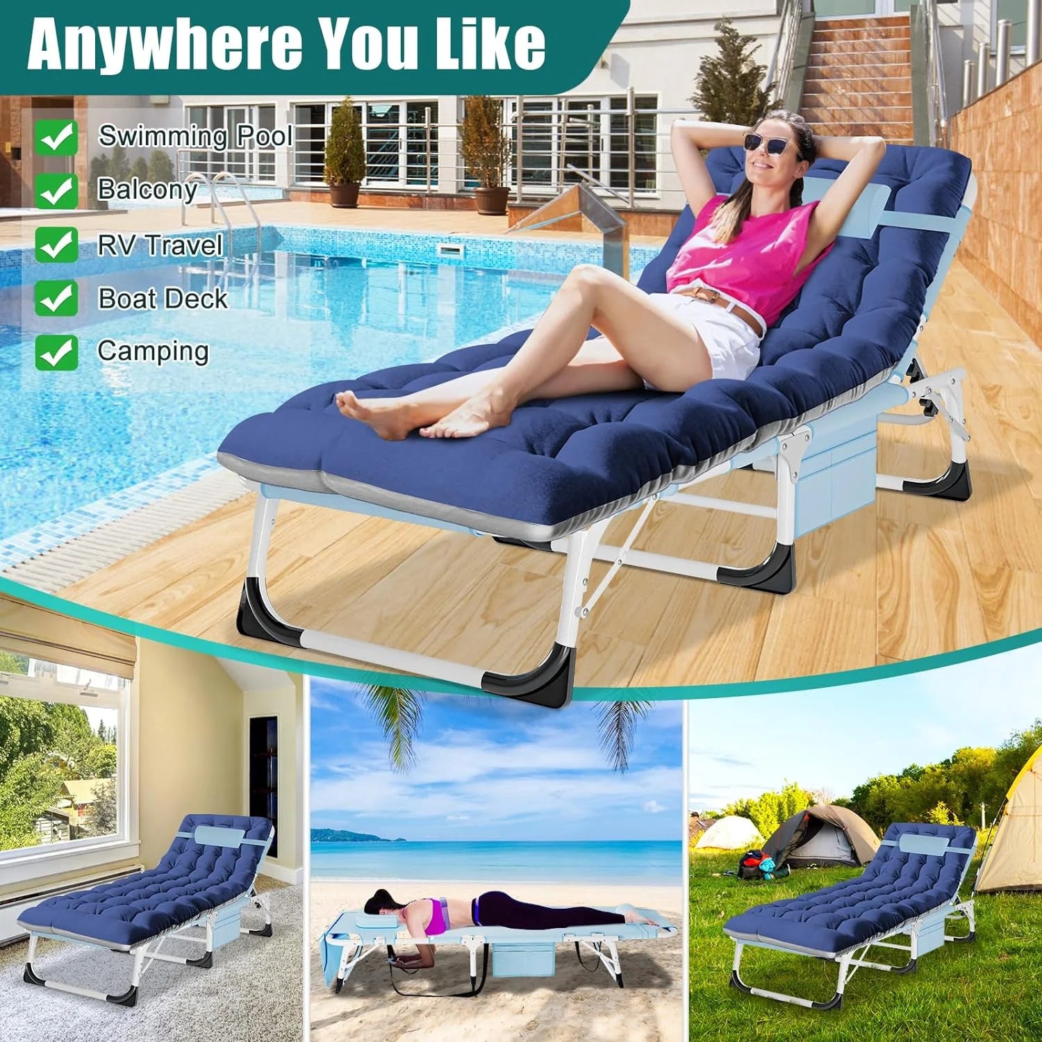 3-In-1 Face down Tanning Chair, Folding Lounge Chair with Face & Arm Hole, 5-Position Adjustable Camping Cot, 2-Sided Cushion, Pillow & Carry Straps for Beach & Outdoor