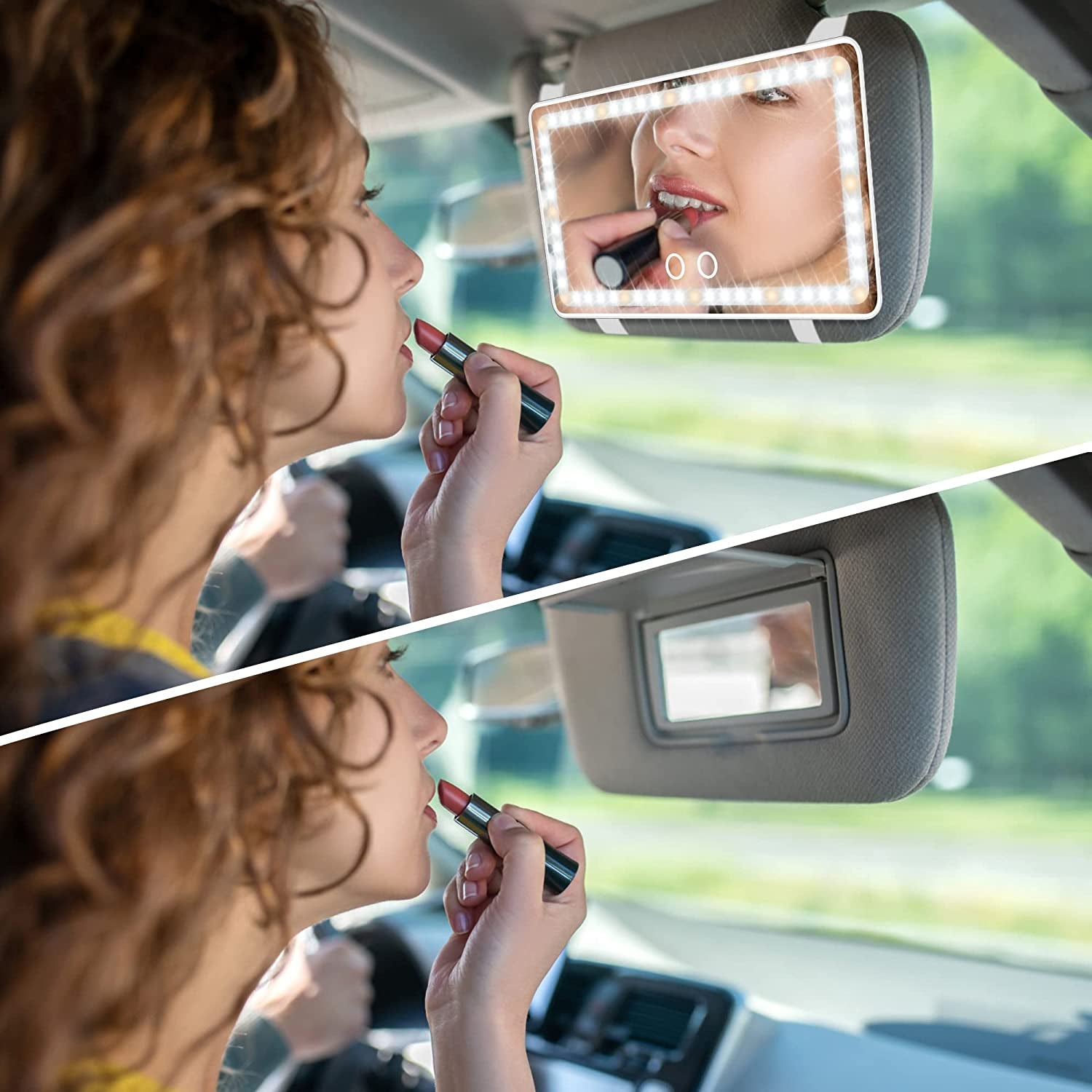 Car Sun Visor Vanity Mirror with Lights, Rechargeable Car Makeup Mirror Accessories, Birthday Gifts for Women Girl, 3 Light Modes, Dimmable Touch Led Screen, Universal for Car Truck