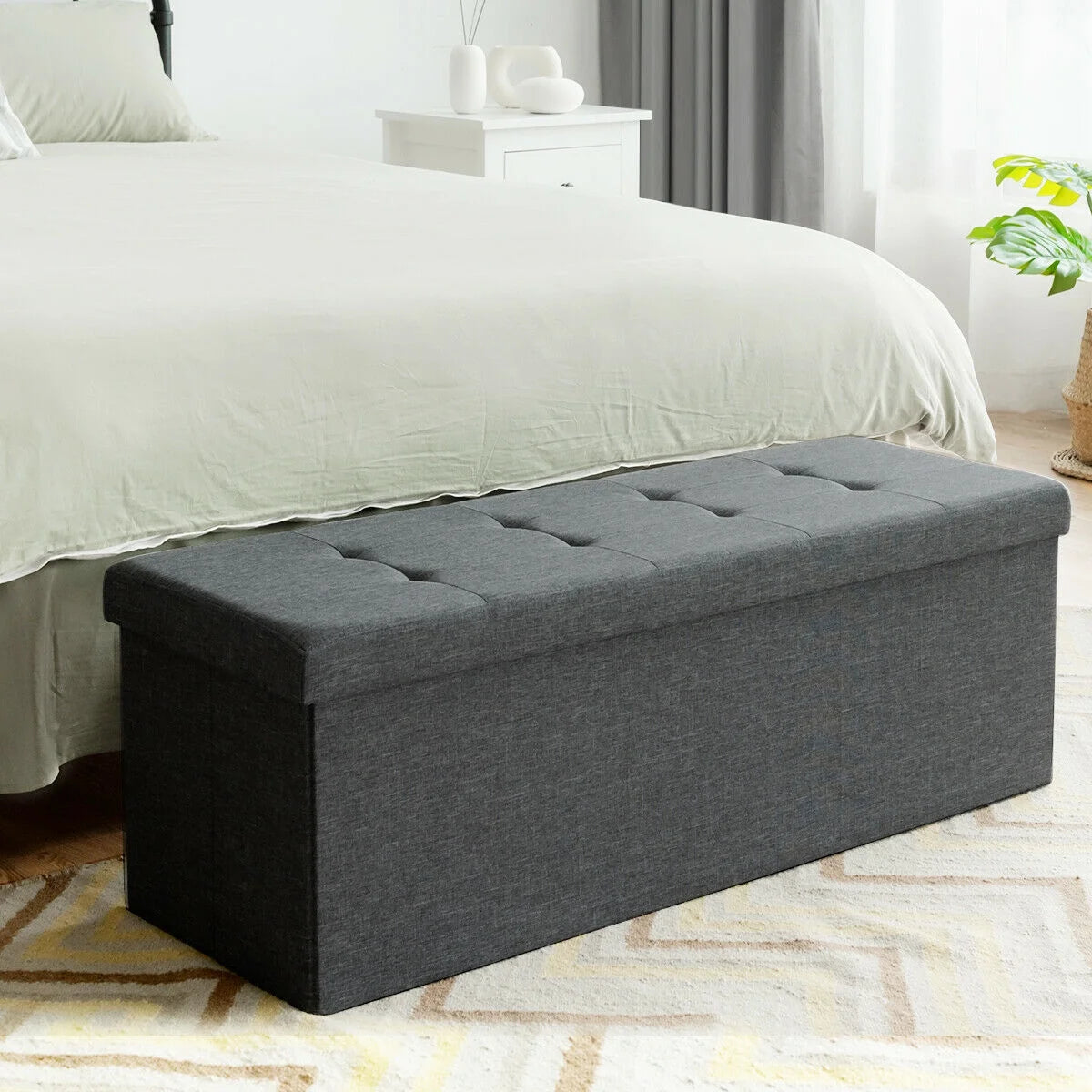 Dark Grey Storage Ottoman Fabric Folding Storage Chest with Divider Bed End Bench
