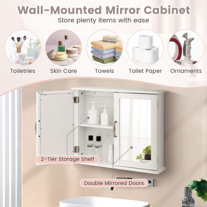 2-Tier Wall-Mounted Mirror Storage Cabinet with Handles for Bathroom