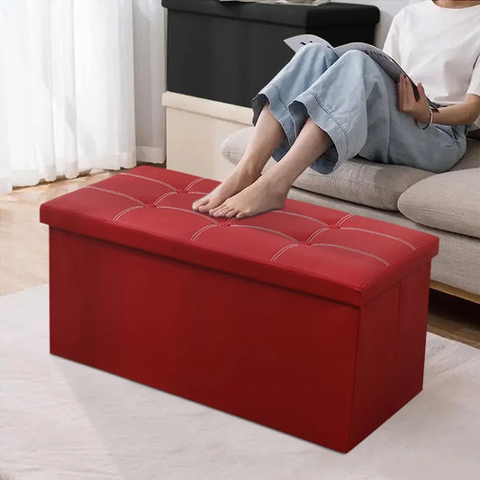 Folding Storage Ottoman Bench,Leather Footstool End of Bed Storage Bench Storage Chest,Foot Rest for Living Room,Bedroom Hallway Bench with Storage,Holds up to 330Lb,30X15X15Inches,Red