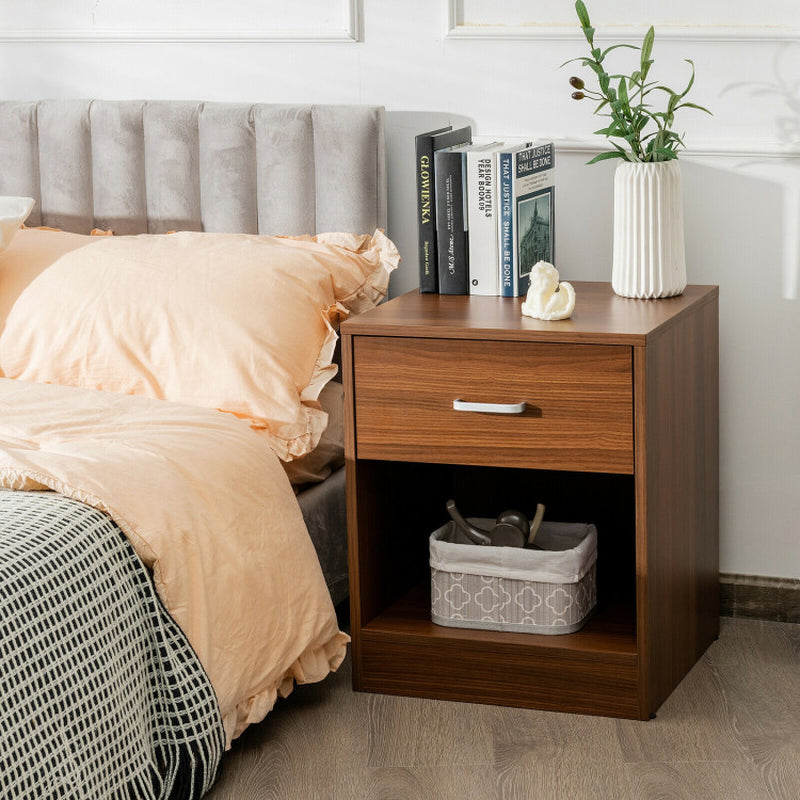 2-Tier Modern Wooden Nightstand with Storage Drawer and Open Cabinet