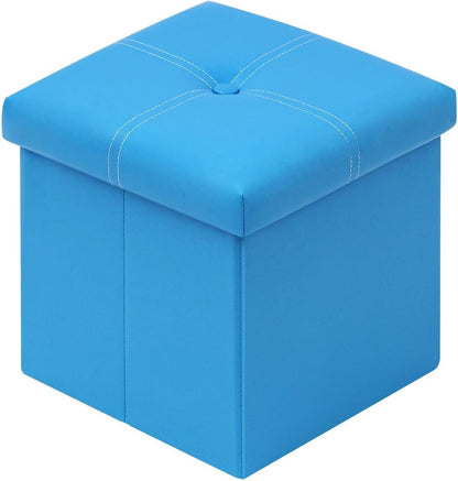Folding Storage Ottoman, Faux Leather Footrest Seat Coffee Table Toy Chest Kids, Blue 11.8"X11.8"X11.8"