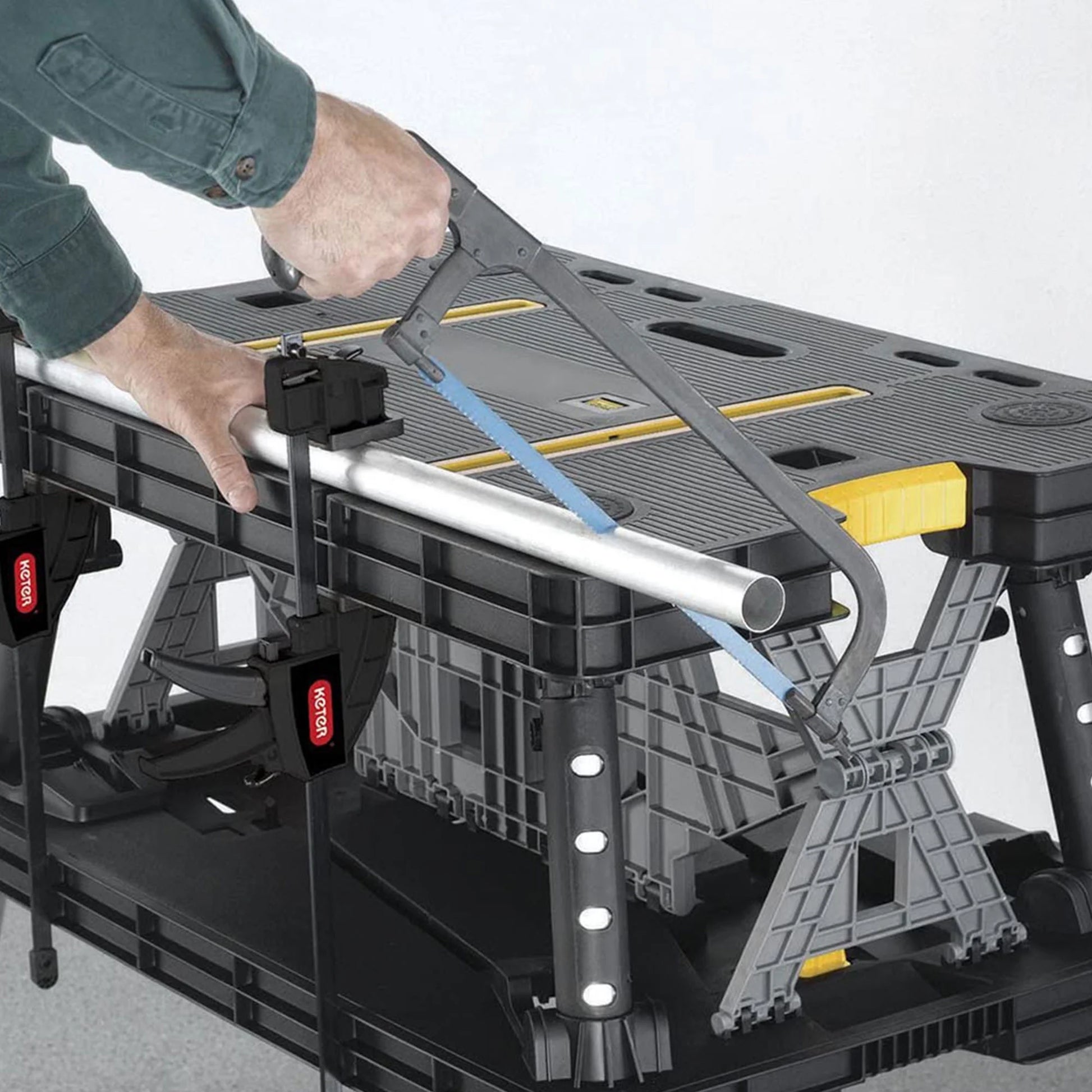 Portable Folding Table Tool Storage Stand Workbench Sawhorse W/ 12" Clamps
