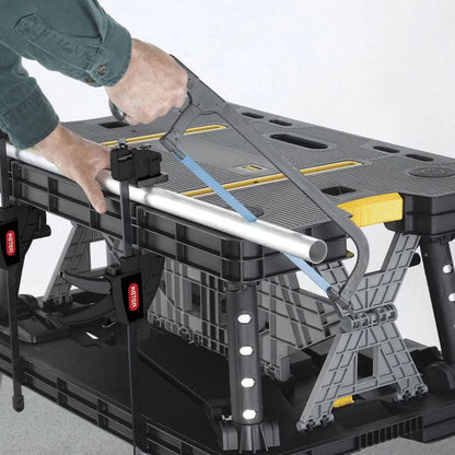 Portable Folding Table Tool Storage Stand Workbench Sawhorse W/ 12" Clamps