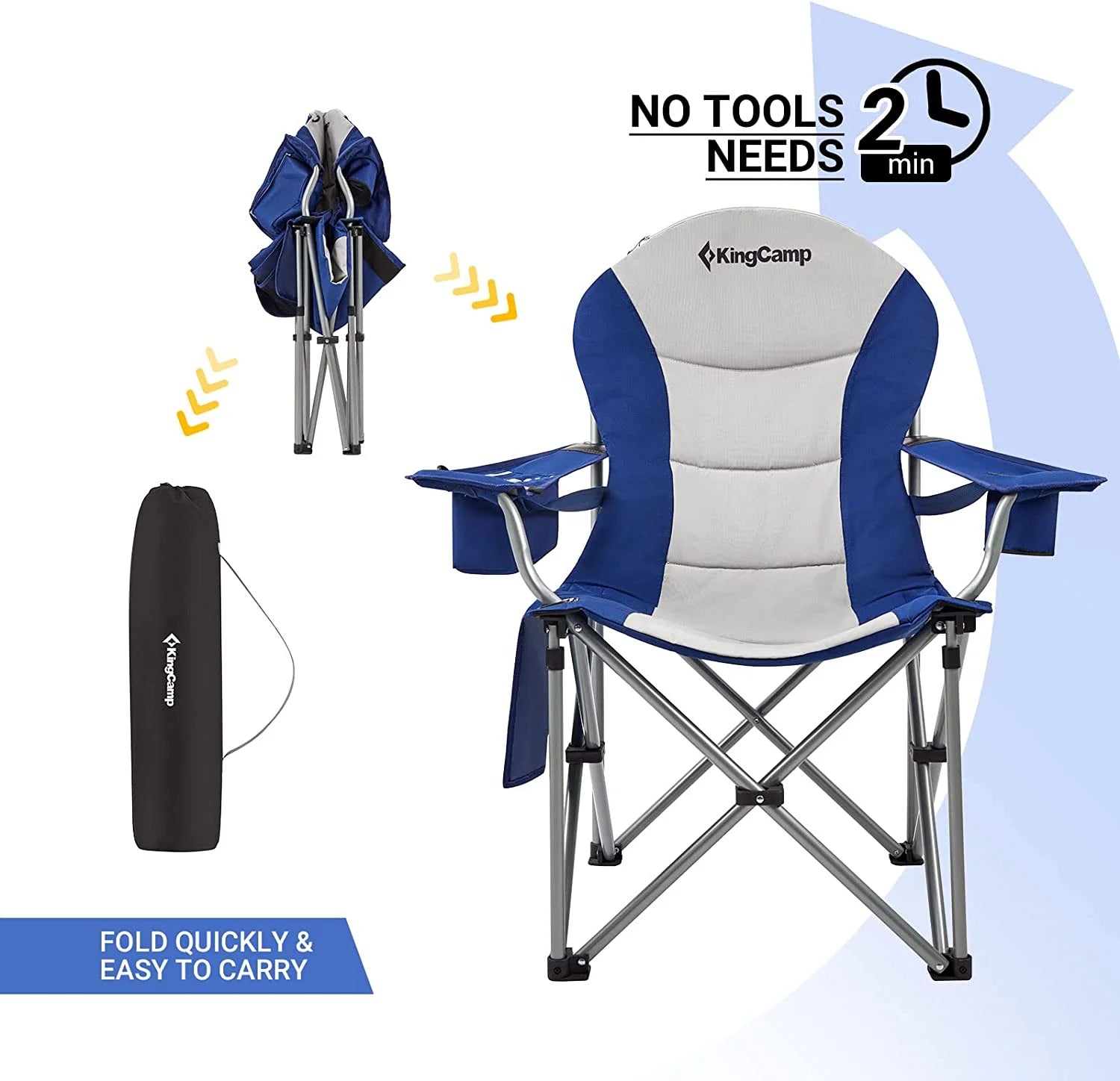 Oversized Camping Chairs Folding Heavy Duty Padded Lawn Chair with Lumbar Support for Adults Outdoors Fishing Picnic Travel Blue