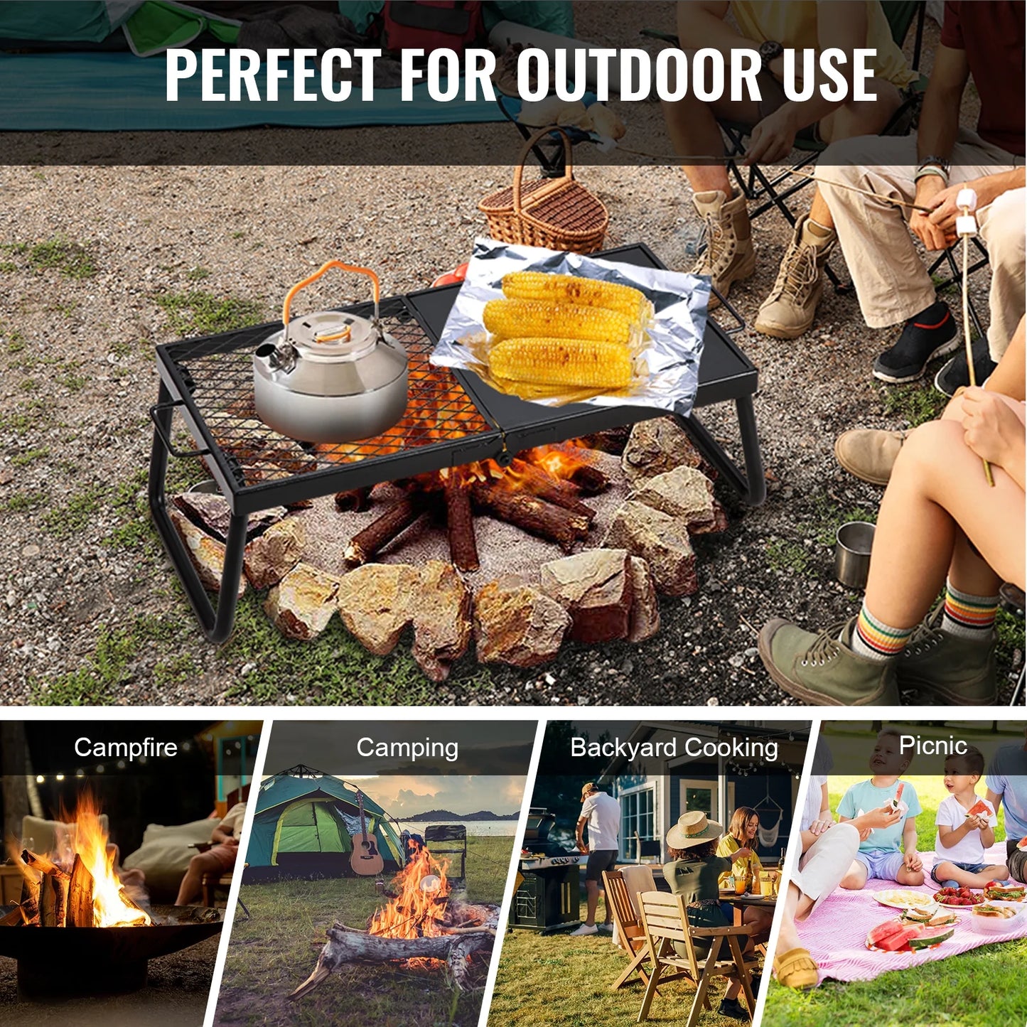Folding Campfire Grill, Collapsible Outdoor Grill, Heavy Duty Steel Camp Fire Grill, 22.4" Compact Travel-Friendly Grates for Fire Pit, Camping Cookware with Stand and Transport Sack, BBQ Rack