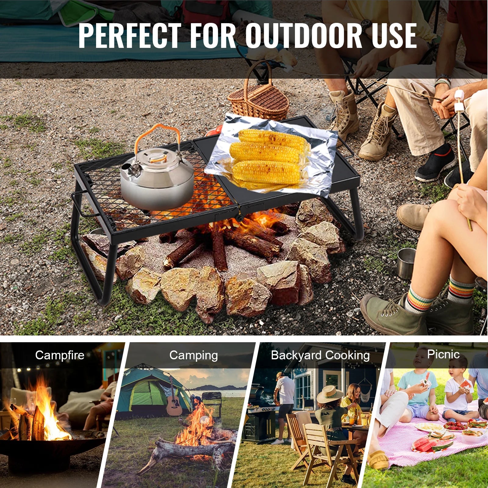 Folding Campfire Grill, Collapsible Outdoor Grill, Heavy Duty Steel Camp Fire Grill, 22.4" Compact Travel-Friendly Grates for Fire Pit, Camping Cookware with Stand and Transport Sack, BBQ Rack