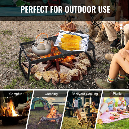 Folding Campfire Grill, Collapsible Outdoor Grill, Heavy Duty Steel Camp Fire Grill, 22.4" Compact Travel-Friendly Grates for Fire Pit, Camping Cookware with Stand and Transport Sack, BBQ Rack