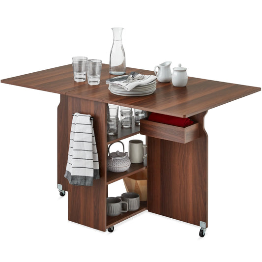 Multipurpose Folding Table W/ Wheels, 3 Storage Shelves, Cubby, Handle - Brown