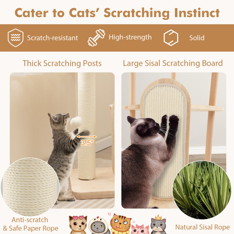 Wooden Multi-Level Modern Cat Tower with Scratching Board and Post
