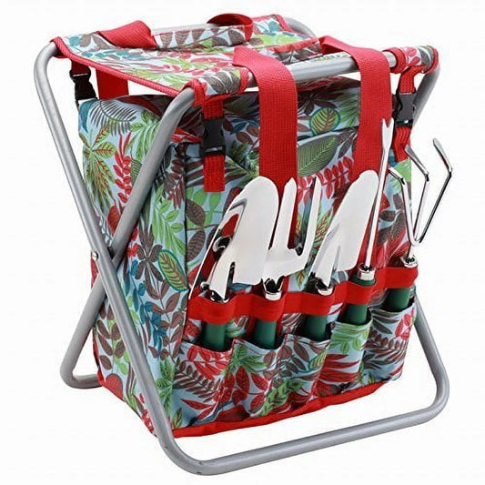 5-Piece Garden Tool Set with Tote and Folding Seat