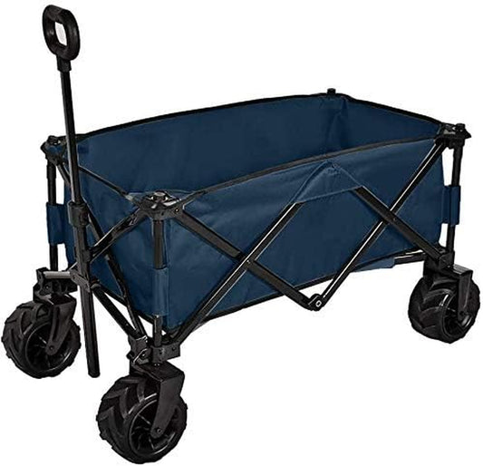 Folding Wagon Collapsible Utility Big Wheels Shopping Cart for Beach Outdoor Camping Garden Canvas Fabric All Terrain Heavy Duty Portable Grocery Cart Buggies Adjustable Handle (Navy)
