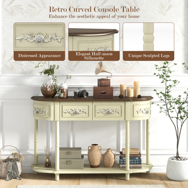 Retro Curved Console Table with Drawers and Solid Wood Legs