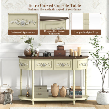 Retro Curved Console Table with Drawers and Solid Wood Legs