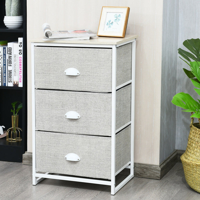 Narrow Nightstand with 3 Drawers and Wood Top