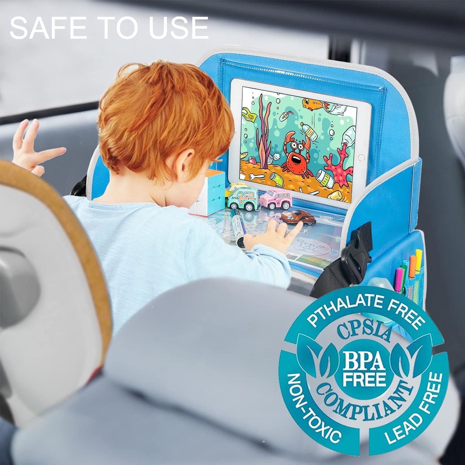 Kids Travel Tray, Car Seat Tray for Kids Travel, Toddler Essentials Girls with Tablet Holder, Road Trip Essentials with Cooler Cup Holder, Dry Erase Board & Storage Pocket for Airplane, Blue