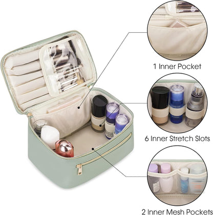 Makeup Bag, Travel Make up Organizer Cosmetic Brush Bags Case for Women in Vegan Leather, Sage Green, Patent Pending
